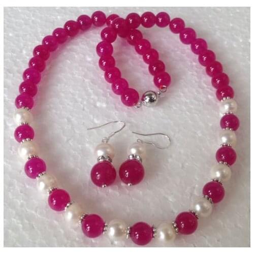 Free shipping $wholesale_jewelry_wig$ Pretty 8-9mm White Akoya Cultured Pearl&Fuchsia Beads Necklace Earriing Set