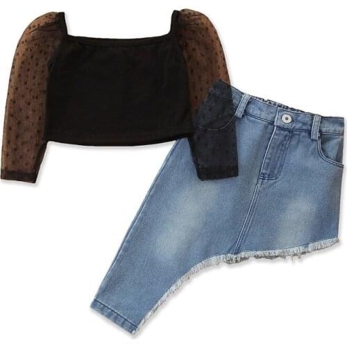 Brand Childrens Clothing 2021 Fashion Girls Spring Two-piece Ins One-shoulder Mesh Sleeve Irregular Denim Skirt