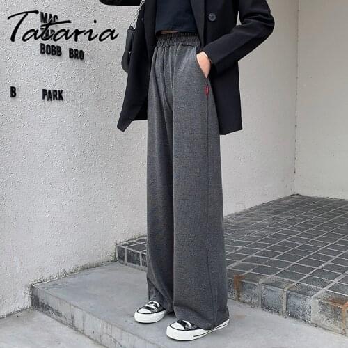 Pants Warmed Womens Korean Black High Waist Wide Leg Knit Ankle Length Women Pants Elegant Elastic Waist Thicken Pants 2020