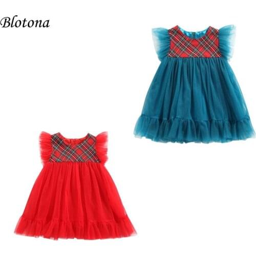 Blotona Baby Mesh Dress with Plaid Pattern Stitching, Ruffle Decoration A-Line Sweet Style Princess Summer Party Clothing
