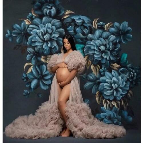 Extra Puffy Tulle Maternity Dress for Photoshoots Ruffled Tiered See Thru Long Robes Photo Shoot Mother and Daughter Dresses