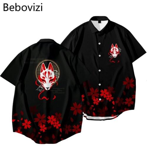 2021 Japanese Style Men Fox Streetwear Hawaiian Shirt Beach Shirt Summer Short Sleeve Harajuku Hip Hop Black Aloha Shirt