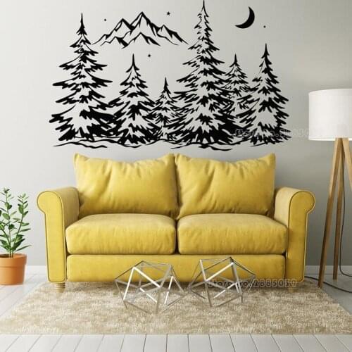 Mountains With Pine Trees Moon Stars Wall Decal For Living Room Wall Sticker Forest Landscape Nursery Wall Art Decoration LL2358