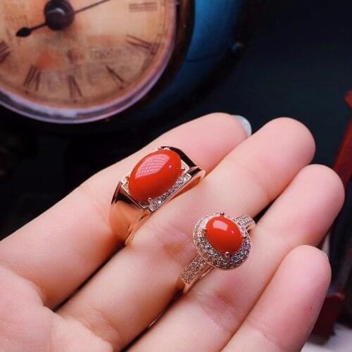 KJJEAXCMY boutique jewelry 925 Silver-inlaid Ruby Natural Red Coral Womens and Mens Lovers Ring Set Support Detection