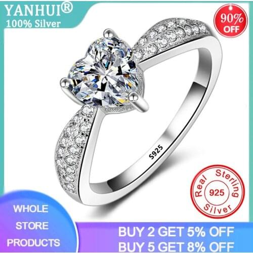 YANHUI Fashion 925 Sterling Silver Crystal Heart Shaped Wedding Rings Womens 3ct Zircon Engagement Rings Glamour Jewelry Gift