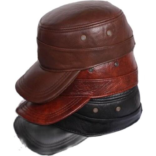 50-58 flat-topped mens cap Autumn and Winter Warm ear protection cowhide Leather hats mens winter brim hat Men Visors