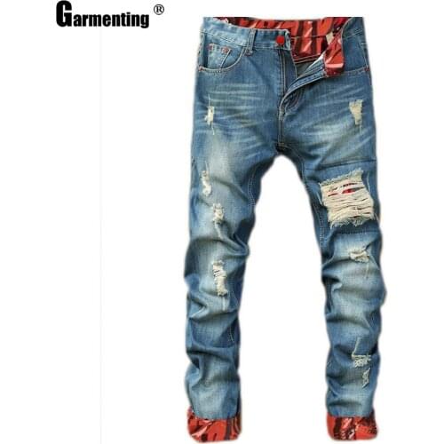 Plus Size Men Jeans Skinny Demin Pants Trend 2021 New Spring Male Patchwork Hole Ripped Trouser Slim Bottom Mens Demin Pants