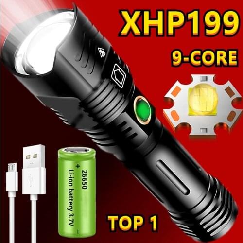 2021 Newest 9 Cores XHP199 LED Flashlight USB Recharge Zoom Torch 5000MAH IPX-5 Waterproof Tactical Flash Light by 26650/18650