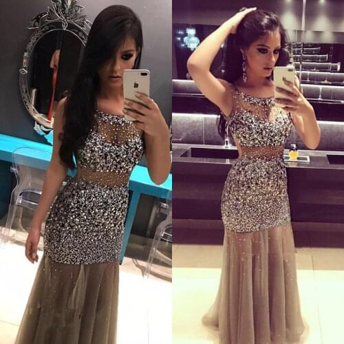 New Fashion Beaded Crystal Mermaid Prom Dresses 2021 Vestidos De Gala Sexy Backless Sheer Sparkly Formal Evening Dress Party
