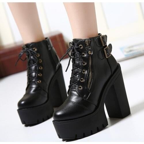 New Autumn Winter Thick-soled Womens Shoes High-heeled Martin Womens Boots Round Toe Thick-heeled Ankle Boots Leather Boots