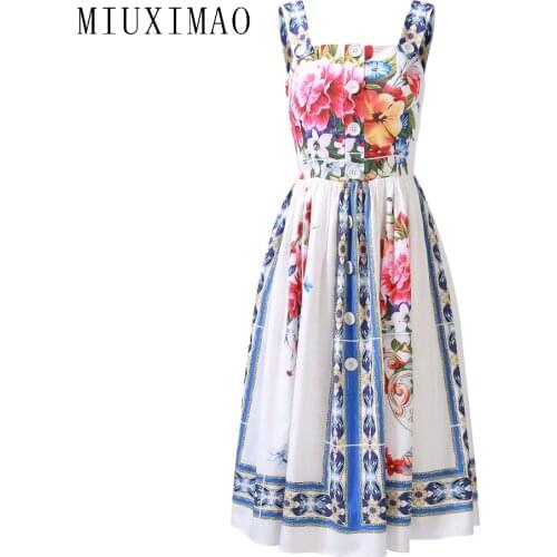 MIUXIMAO 2021 Summer Dress Newest Cute Spaghetti Strap Colorful Vase Print Elegant Knee-Length Dress Women Vestidos