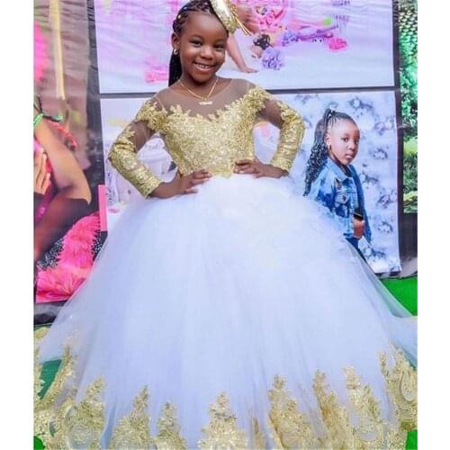Pageant dresses for girls 2020 Scoop Neck Gold lace tulle ball gown Long sleeves flower girl dresses trailing communion dress