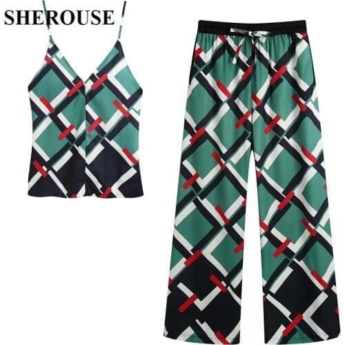 SHEROUSE Fashion Two Piece Set Women Halter Camisole Top Chic Lady Elastic Waist Trousers Casual y2k Woman Outfits Pants Sets