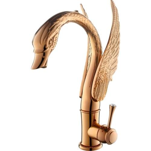 Classic Swan Shape Single Hole Brass Bathroom Vessel Basin Sink Faucet Water Tap Rose gold deck mounted tall faucet