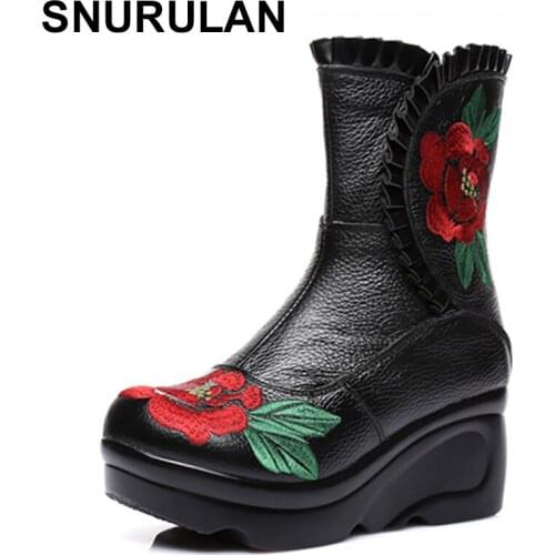 SNURULAN Winter Women Shoe Black Embroider Vintage Floral Wedding Boots Ladies Flat Bottom Genuine Leather Boots Zapatos Mujer