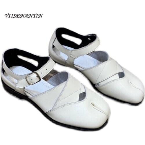 Autumn New Style Cowhide Split-toe Flat Shoes College Style Solid Color Hollow Fashion Single Shoes One Word Buckle Roman Shoes