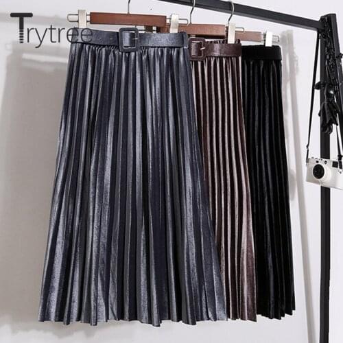 Trytree 2020 Autumn Winter Casual Woman Skirt Shiny Velvet Elastic Waist Belt Pleated A-line Solid Mid-Calf Office Lady Skirt