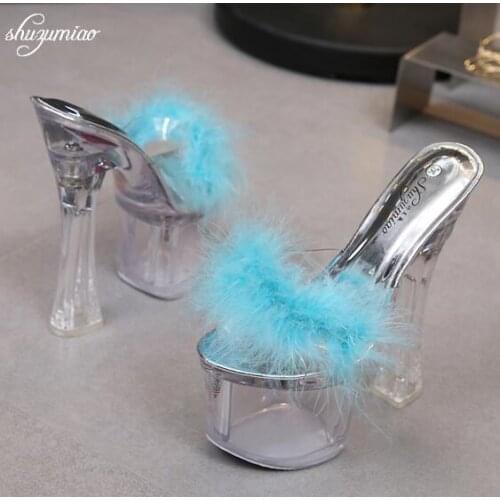 3 Color 2018 Feather Shoes Woman Platform Slippers Summer Sandals Slides Wedding shoe Nightclub Sexy 17.5cm High-heeled Shoes