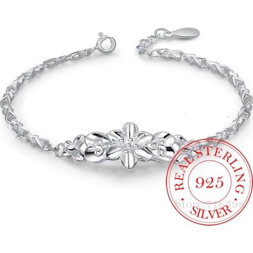 100% 925 Solid Real Sterling Silver Fashion Womens Jewelry love flower Bracelet For Women Girl Lady Wedding Party Gift