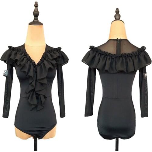 Falbala Ballroom Tops Women Black Latin Dance Bodysuit Tango Dancing Outfit Stage Costume Designer Clothes Tap Dancewear JL3116