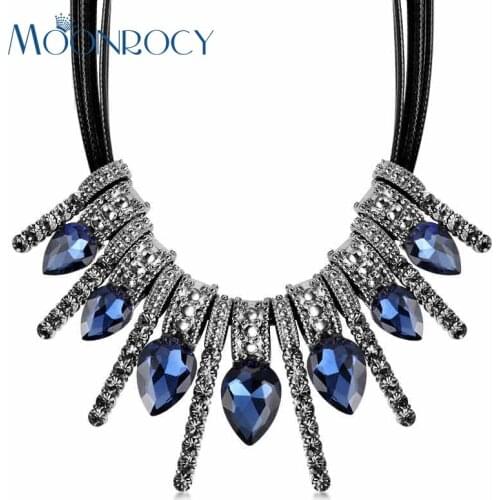 MOONROCY Ancient Silver Plated Vintage Trendy Short Chokers Blue Grey Crystal Necklace Party Jewelry for Women Girls Gift