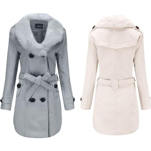 Farx Fur Collar Sashes Casual Female Coats New Long Sleeve Belted Ladies Overcoats ONCE Women Winter Solid Elegant Trench Coats