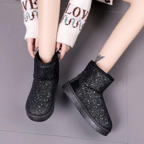 Snow Boots Winter Flat Shoes Sequined Cloth Women Ankle Boot Warm Plush Inside Ankle Boot Round Toe Antiskid Black Pink Silver