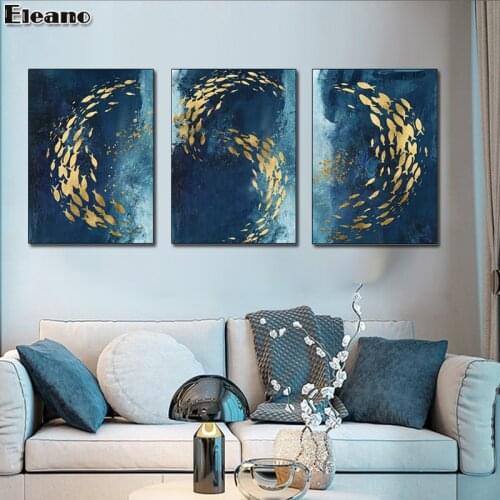 Golden Fish Group Blue Green Abstract Ink Canvas Oil Painting 3 Sets Ocean Landscape Living Room Wall Art Sofa Decorative Poster