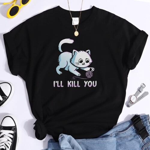 White Cat Play String Fashion Cartoon Style Print Women T Shirt Classic Tops Casual Style T Shirt Spring Summer Female T Shirts