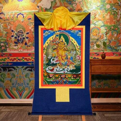 120cm large HOME temple altar Tibet Buddhism Thangka WALL Decor Yellow Jambhala God of wealth Mammon BUDDHA Thang-ga painting