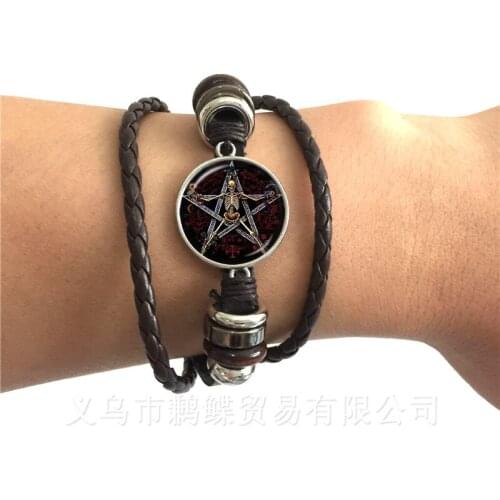 Satanic Baphomet Pentagram Bracelet Gothic Black/Brown Leather Bangle Satanism Evil Occult Pentacle Jewelry Pagan Charm Gift