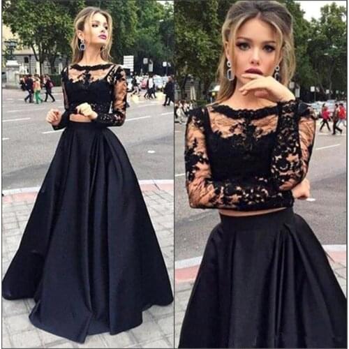 Black Muslim Evening Dresses A-line Long Sleeves Lace Two Pieces Islamic Dubai Saudi Arabic Long Prom Evening Gown