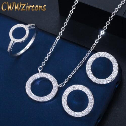 CWWZircons Brand Classic Cubic Zirconia Crystal Love Round Ring Pendant Necklace and Earrings Fashion Jewelry Set for Women T352