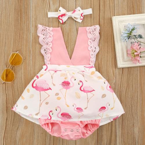 0-24M Sweet Baby Girls Romper Dress Flamingo Printed Lace Sleeveless V Neck Jumpsuits+Headwear 2pcs Summer Outfits