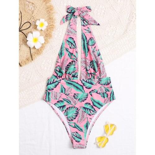 Fashion Deep V One Piece Printed Quick-Drying Beach Swimsuit Women’s Sexy Lightweight Halter Seduction Bowknot Sling Bikini Suit