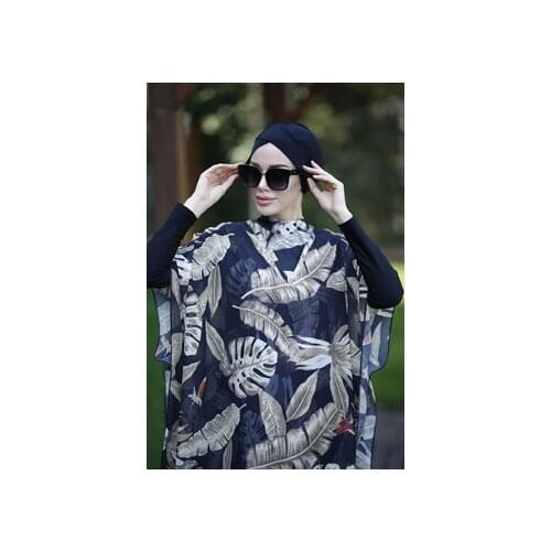 Muslim Swimwear Hijab On Patterned Kaftan Pareo Coffee Leaves