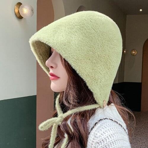 New Women Autumn Winter Warm Bucket Hat Outdoor Cold Proof Cute Round Top Panama Solid Color Simple Lace Button Fishermans Hat
