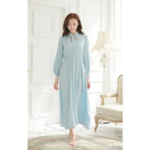 Free Shipping Princess Style Womens Blue and White Nightgown Long Sleepwear Vintage Pijamas roupao feminino
