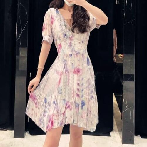 2021 Spring/Summer New Fashion V-neck Ruffled Purple Floral Print Short Sleeve Waist Waist Thin All-match Dress