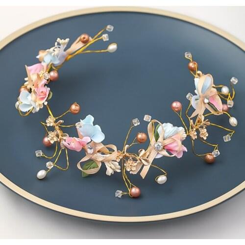 Vintage Gold Pink Flower Headband Bridal Pearl Tiaras Hairbands Handmade Hair Jewelry Crystal Wedding Hair Accessories For Women