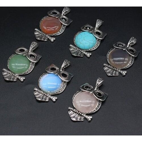 2021Hot Selling Natural Stone Blue Turquoise Rose Quartz Shell Classic Owl Shape Pendant MakingDIY Necklace Earring Jewelry Gift