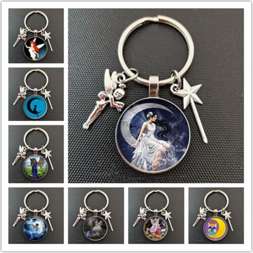 Angels wings fairy Glass Cabochon keychain Angels charm Keychain magic wand Key Chain Star stick Jewelry for Men Women Gift