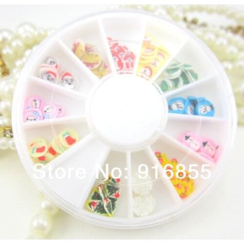 Free shipping 1set/lot 12 Color mix Snowman shape Nail Art Fimo 3D Polymer Clay DIY Slice Decoration W/box Wheel