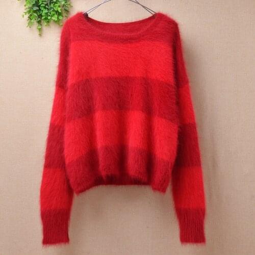 Ladies women fashion striped hairy fuzzy mink cashmere knitted loose pullover angora rabbit hair jumper sweater pull tos blouses