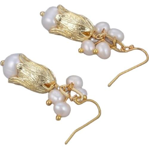 GG Jewelry Natural Freshwater White Pearl Gold Color Plated Flower Bud Charms Drop Hook Earrings Luxury Handmade For Women