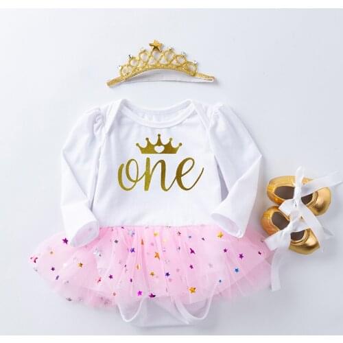 Baby Girls 3pcs Sets Cotton Romper Bling Stars TUTU Dress Baby Clothing Birthdays Glittle Crown One infant Girl Princess Outfit