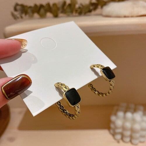 Minar Korean Retro Square Black Enamel Hoop Earrings for Women Femme Gold Color Plaid Circle Hollow Statement Earrings Oorbellen