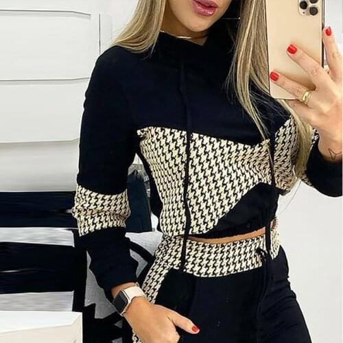 Fashion Tracksuit Two Piece Set Women Autumn Houndstooth Hoodies Top + Long Pants Sports Suit For Female Sportswear Clothes 2021