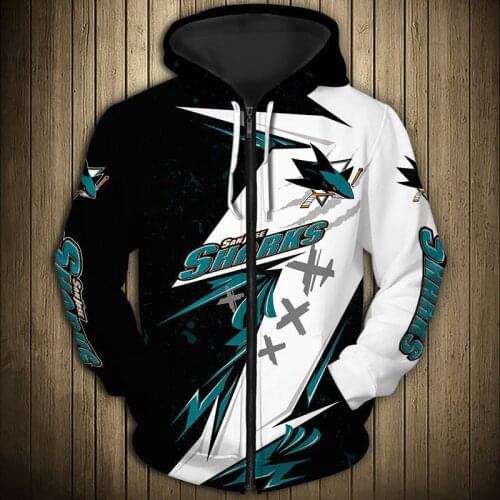 San Jose mens casual 3D zipper hoodie Geometric stitching graffiti design black fish print Sharks sweatshirt