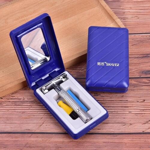Mens Traditional Double Edge Chrome Wet Shaving Safety Razor Manual Razor+ 1 Blade +1 Professional Travel Case Beard Hair Care